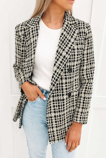 White Lapel Collar Buttoned Gingham Tweed Blazer